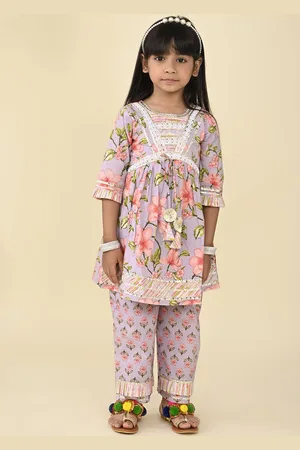 LIL PITAARA Girls Floral Printed Gotta Patti Anarkali Pure Cotton Kurti With Palazzos