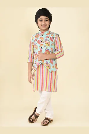 LIL PITAARA Boys Printed Regular Pure Cotton Kurta with Pyjamas With Nehru Jacket