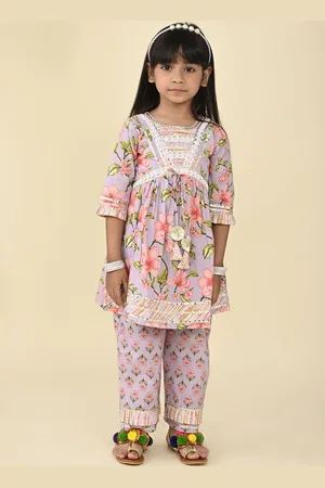 LIL PITAARA Girls Floral Printed Gotta Patti Pure Cotton Anarkali Kurti With Trouser