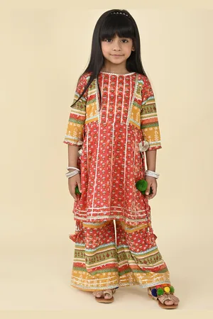 LIL PITAARA Girls Floral Printed Gotta Patti Pure Cotton A-Line Kurti With Palazzos