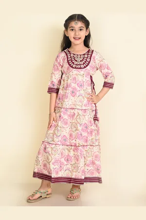 LIL PITAARA Girls Floral Printed Yoke Embroidered Tiered Maxi Dress