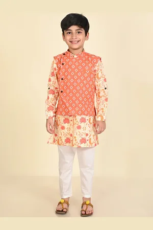 LIL PITAARA Boys Floral Printed Pure Cotton Regular Kurta & Pyjamas With Nehru Jacket