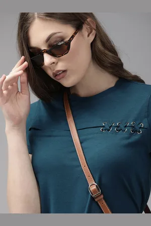 Roadster Women Teal Blue Solid Round Neck Pure Cotton T-shirt with Lace Detailing