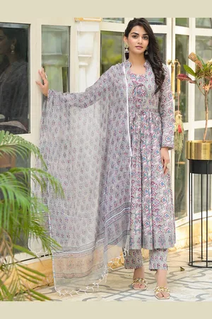Kalini Floral Printed Pleated Pure Cotton Anarkali Kurta With Trousers & Dupatta