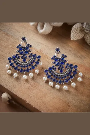 ATIBELLE Silver-Plated & Blue Floral German Silver Chandbalis Earrings