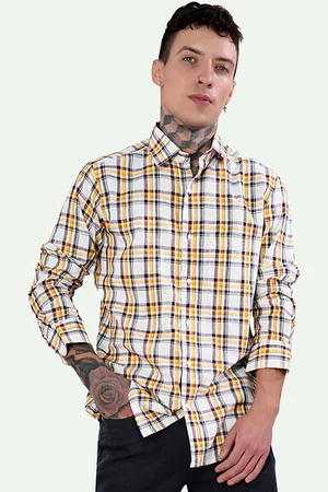 FRENCH CROWN Standard Tartan Checked Spread Collar Chest Pocket Linen Casual Shirt