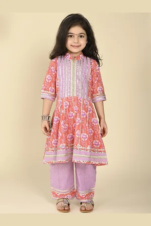 LIL PITAARA Girls Floral Printed Mandarin Collar Pure Cotton Anarkali Kurta with Trousers