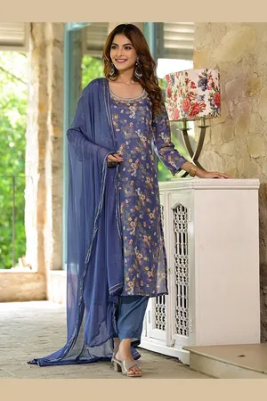 Divena World Floral Printed Beads & Stones Straight Kurta With Palazzos & Dupatta