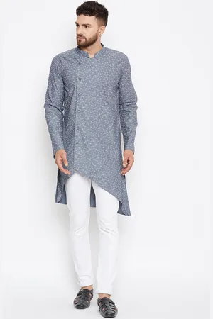 Even Men Grey Printed Straight Asymmetric Kurta