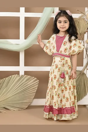 LIL PITAARA Girls Floral Printed Flared Sleeves Ready to Wear Cotton Lehenga Choli