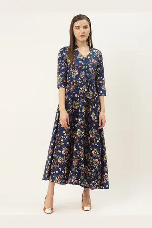 Deewa Women Blue & Orange Floral Print Maxi Dress