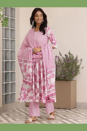 Libas Floral Printed Pure Cotton Anarkali Kurta With Trousers & Dupatta