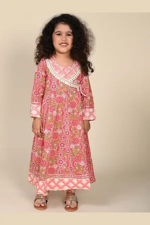 LIL PITAARA Girls Floral Printed Gotta Patti Pure Cotton Angrakha Kurta With Trousers