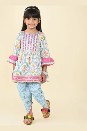 LIL PITAARA Girls Floral Printed Regular Pure Cotton Tunic with Dhoti Pants