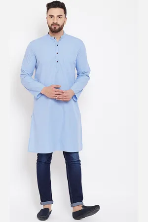 Even Men Blue Checked Straight Kurta
