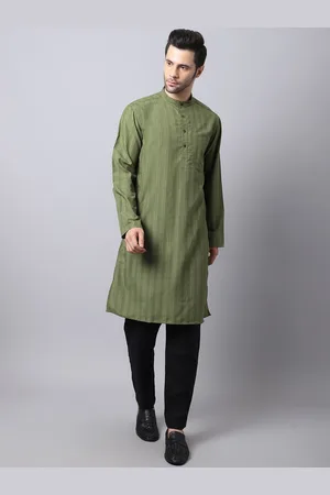 Even Men Green Striped Thread Work Kurta