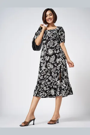 Pantaloons Floral Printed Puff Sleeve A-Line Midi Dress