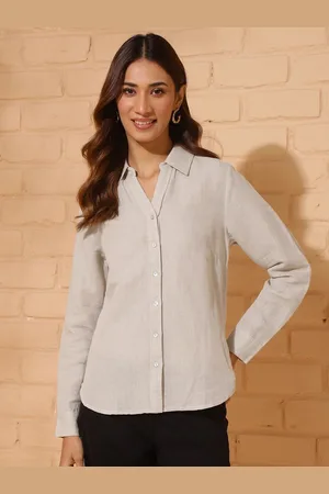 Fabindia Women Spread Collar Solid Cotton Linen Slim Fit Casual Shirt