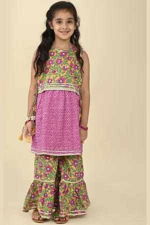 LIL PITAARA Girls Floral Printed Gotta Patti Pure Cotton Kurti with Sharara