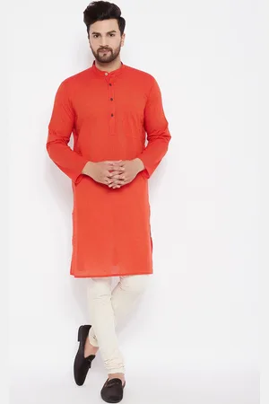 Even Men Orange Striped Kurta
