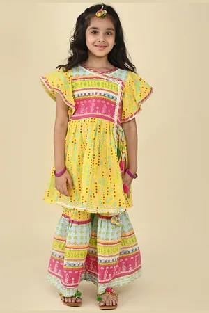 LIL PITAARA Girls Floral Printed Gotta Patti Pure Cotton Kurti with Sharara