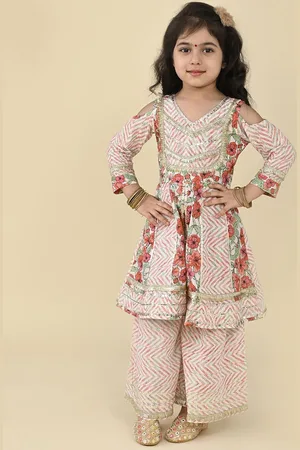 LIL PITAARA Girls Floral Printed Regular Gotta Patti Pure Cotton Kurta with Sharara