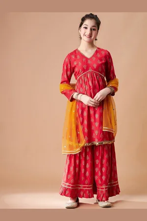 Cherry & Jerry Girls Ethnic Motifs Printed Cotton A-Line Kurta with Sharara & With
