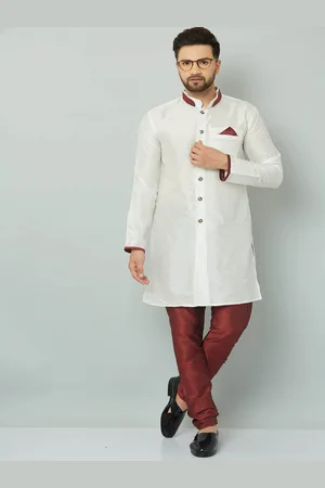 Kaifoo Men White & Maroon Solid Sherwani Set