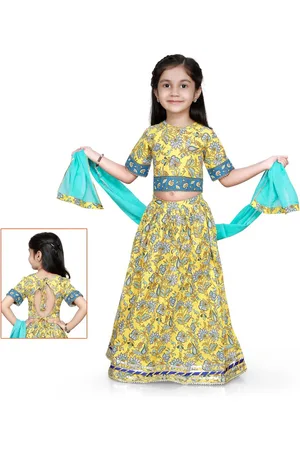 LIL PITAARA Girls Yellow & Blue Printed Ready to Wear Lehenga & Blouse With Dupatta