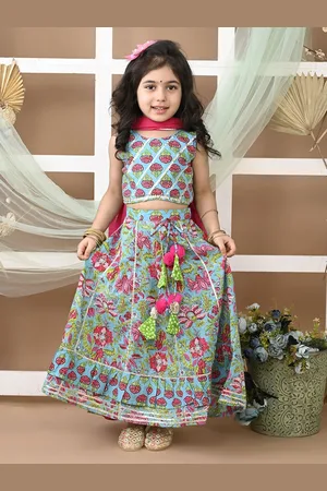 LIL PITAARA Girls Floral Printed Cotton Ready to Wear Lehenga & Blouse With Dupatta