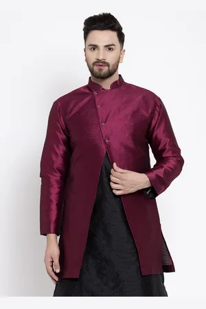 Kaifoo Men Maroon Striped Longline Tailored Jacket