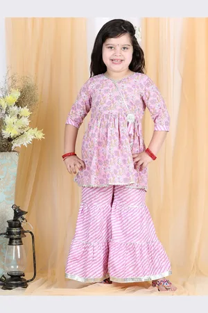 LIL PITAARA Girls Mauve Printed Gotta Patti Pure Cotton Kurta with Sharara