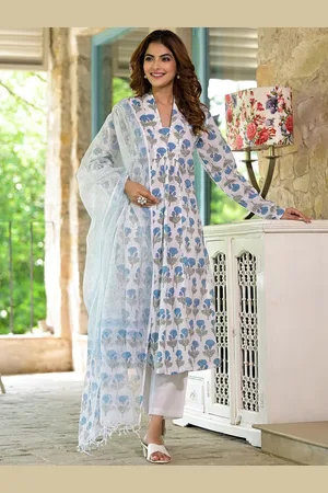 Divena World Floral Printed V-Neck Pure Cotton Empire A-Line Kurta With Trousers & Dupatta
