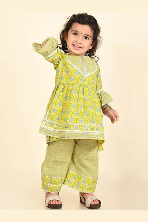 LIL PITAARA Girls Floral Printed Gotta Patti Pure Cotton Kurta With Palazzos