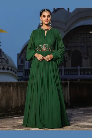 SCAKHI Keyhole Neck Cuffed sleeves Embellished Fit And Flare Maxi Dress