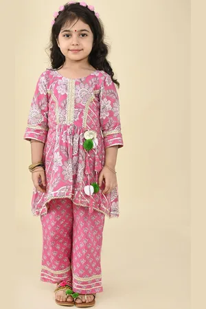 LIL PITAARA Girls Floral Printed Gotta Patti Pure Cotton Straight Kurti With Palazzos