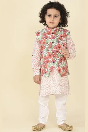 LIL PITAARA Boys Printed Regular Pure Cotton Kurta With Pyjamas & Nehru Jacket