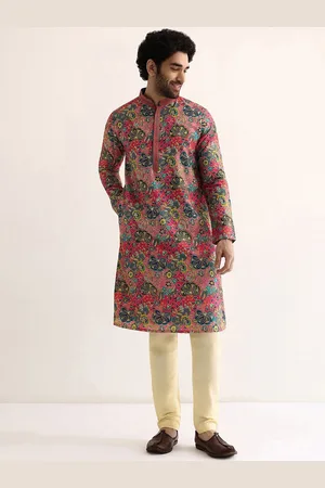 KALKI Fashion Mandarin Collar Long Sleeves Floral Embroidered Straight Kurta with Pyjama