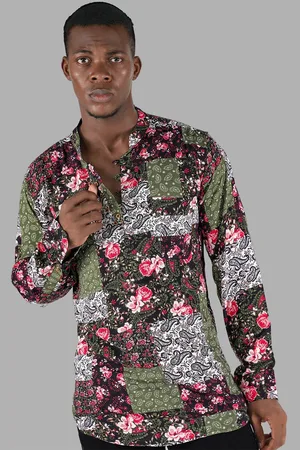 FRENCH CROWN Standard Ethnic Motifs Printed Twill Mandarin Collar Cotton Casual Shirt