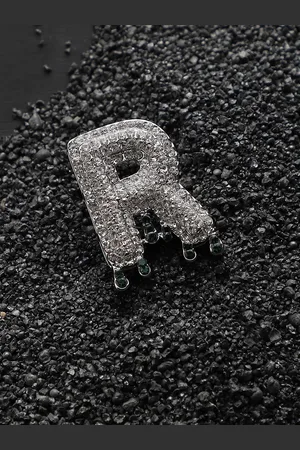 French Accent Men Silver-Plated Stone Studded R Alphabet Ring