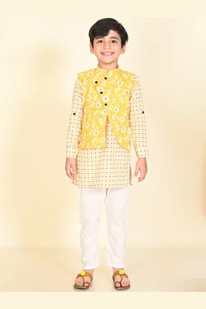LIL PITAARA Boys Floral Printed Regular Pure Cotton Kurta With Pyjamas & Nehru Jacket