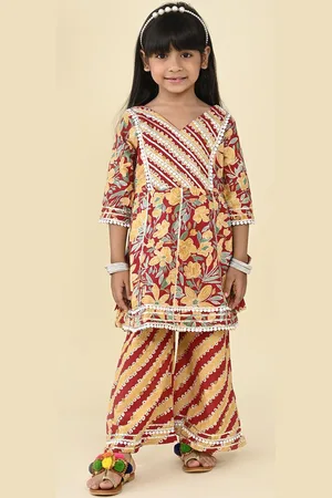 LIL PITAARA Girls Floral Printed Gotta Patti Pure Cotton Kurta with Palazzos