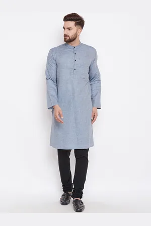 Even Men Grey Solid Dobby Weave Straight Kurta