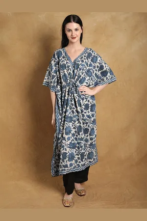 Exotic India Pure Cotton Bagru Block-Print Kimono Sleeves Kaftan Maxi Dress