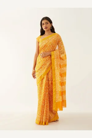 Taneira Floral Printed Zari Silk Cotton Block Print Saree