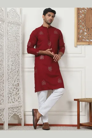 Jompers Floral Embroidered Mandarin Collar Thread Work Straight Cotton Kurta