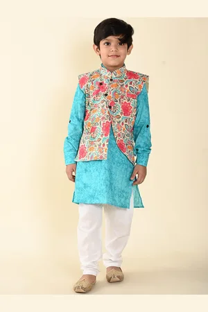 LIL PITAARA Boys Floral Printed Regular Pure Cotton Kurta With Pyjamas & Nehru Jacket
