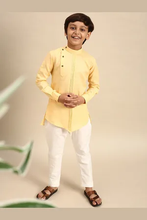 Sanwara Boys Yellow Solid Long Sleeves Cotton Kurta