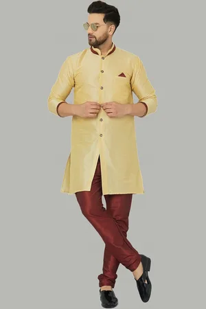Kaifoo Men Gold-Coloured & Maroon Solid Sherwani Set