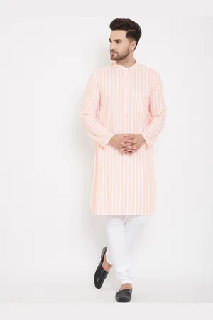 Even Men Peach-Coloured & White Striped Straight Kurta